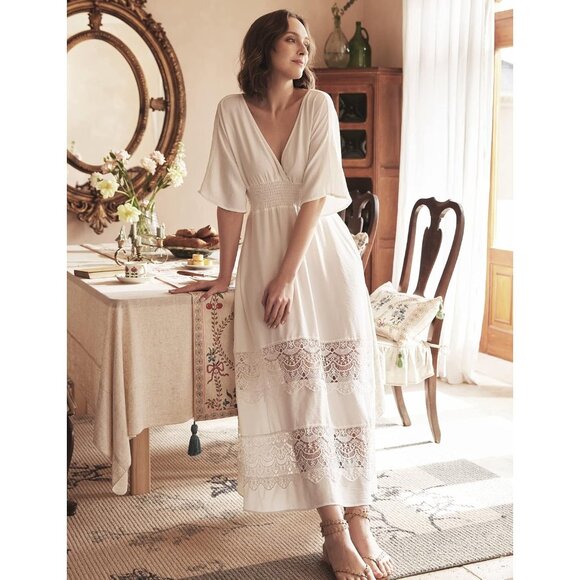 Women's Boho Maxi Dress Short Sleeve V Neck Flowy with Pockets for Wedding - Picture 6 of 8